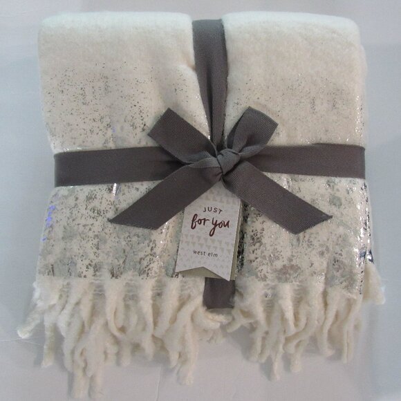 NWT West Elm Just For You Metallic Border Fringe Throw Blanket 50 X 70” Ivory - Picture 2 of 9